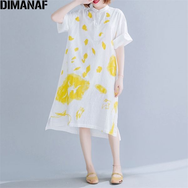 

plus size women long blouse shirts summer fashion casual cotton linen female clothing loose basic print shirt dress 210531, White