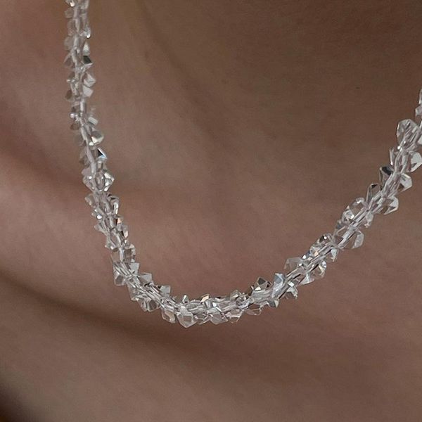 

chokers minimalist tangent plane glass crystal beaded necklace for women textured summer transparent jewelry wedding, Golden;silver