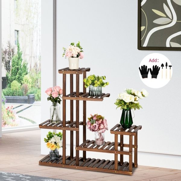 

bamboo wooden 5 tiers plant stand indoor outdoor garden planter flower pot stand shelf home patio decoration with tools us stock