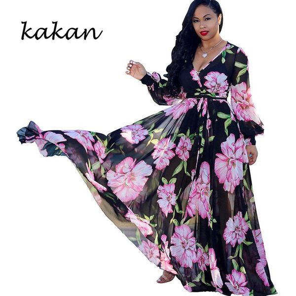 

casual dresses kakan summer women's printed chiffon long dress bohemian beach wind big large size s-3xl-5xl, Black;gray
