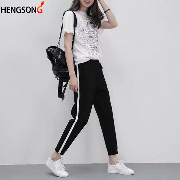 

women's pants & capris autumn women casual harem pencil trousers for girl black side striped thin ankle-length female 743594, Black;white