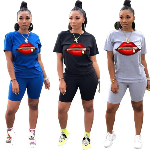 

pants womens 2pcs sets casual females clothing lip print womens designer tracksuits fashion short sleeve short, Gray