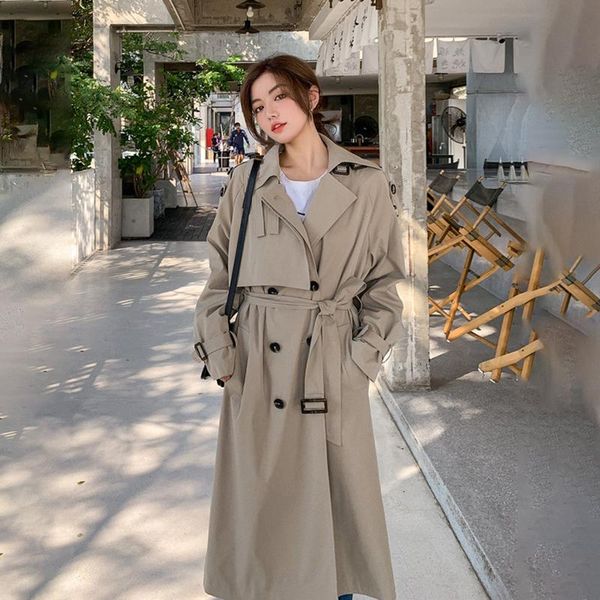

women's trench coats gray windbreaker spring autumn korean big size loose long female lining wear a belt leisure ladies cloak, Tan;black