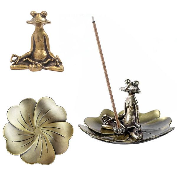 Objetos decorativos Estatuetas Retro Zen Latão Meditação Rã Estátua Estátua Queimador de Incenso Meditando Titular da vara com bandeja de coletor de cinzas