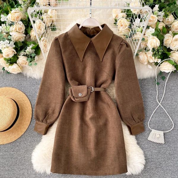 

casual dresses women dress 2021 autumn winter korean clohtes with waist bag vintage elegant long sleeve solid a-line black short, Black;gray