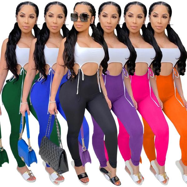 

women's tracksuits fitness sport light color two piece set summer 2021 sportswear lace up tank crop + leggins pants cut out matchin, Gray
