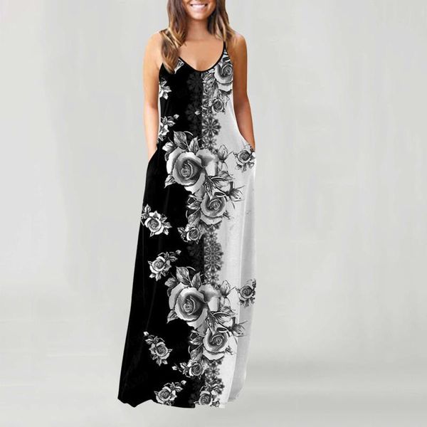 

casual dresses printed sleeveless backless maxi dress 2021 summer for women plus size bohemian sundress long beach, Black;gray