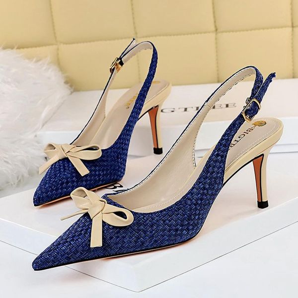 

2021 summer elegant women blue 7cm high heels prom sandals slingback bowknot mesh shallow stiletto heels sandals female shoes, Black