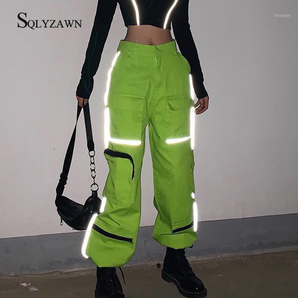 

women's pants & capris streetwear pockets harajuku green casual high waist reflective trousers women joggers ladies sweatpants, Black;white