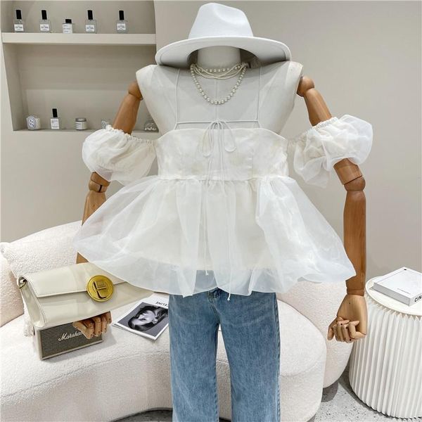 

women's blouses & shirts niche design clothing summer 2021 fashion sense white shirt puff sleeve fluffy suspender doll
