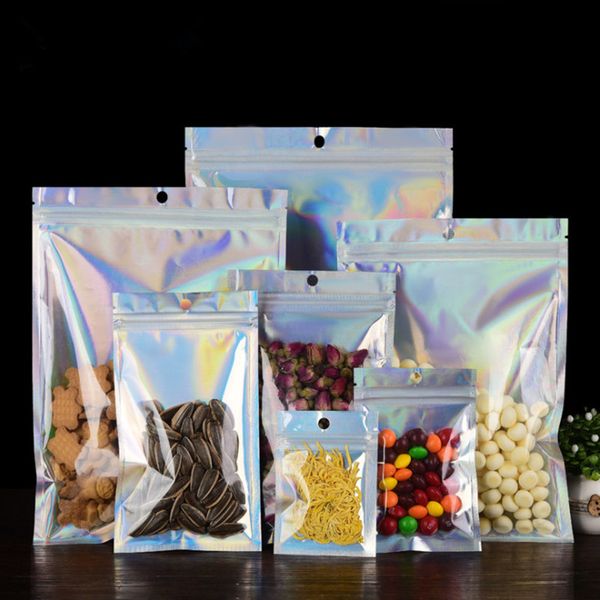 

100pcs Hologram Aluminum Foil Zip Lock Laser Bags Resealable Clear Window Jewelry Trinkets Nail Stickers Eyelashes Beads Snack Coffee Tea Hologaphic Pouches