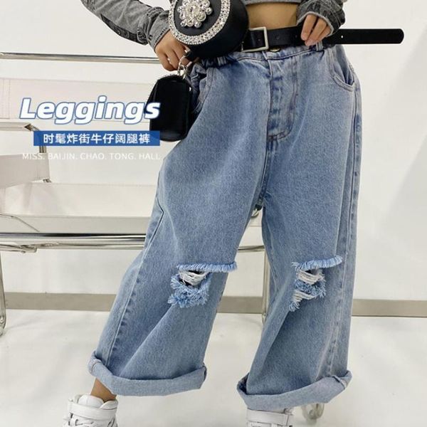 

jeans girl hole denim pants 2021 spring autumn loose cowboy children straight teenage trousers 4-14y wz33, Blue