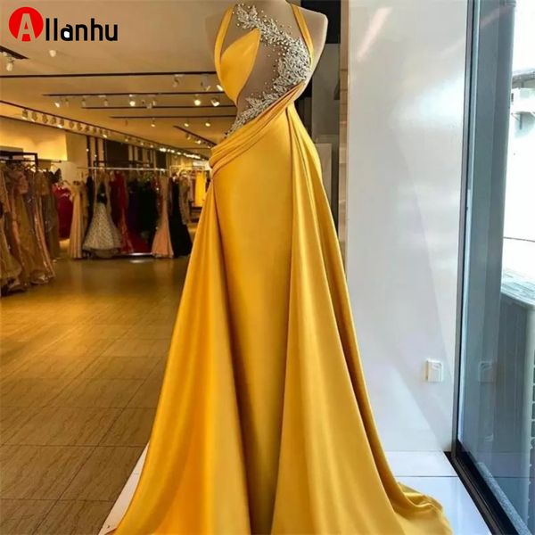 2022 Новогодняя элегантная желтая роскошь русалка вечерние платья из бисера плиссирует кружева верхняя иллюзия выпускных платьев Атлон Ruched формальное вечеринка платье Vestido de Novia