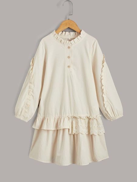 

girls button contrast lace ruffle trim dress she, Red;yellow