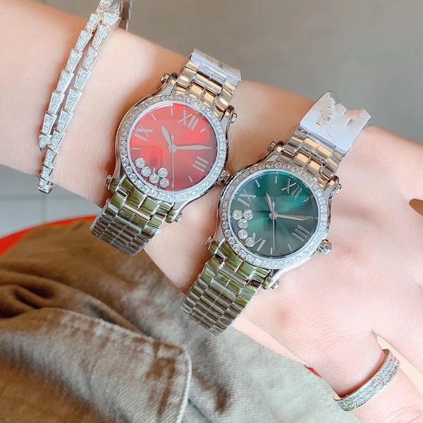 

wristwatches 5 stones moving happy sport watch cz stone move waist stainless teel women mother of pearl shell, Slivery;brown