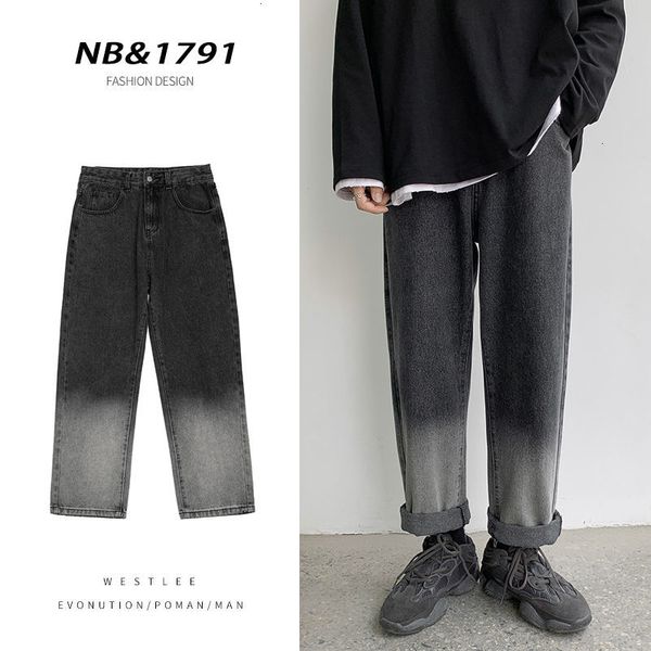 

2021 new spring summer gradient jeans men's fashion retro wide-leg pants men streetwear korean loose hip-hop straight denim shorts mens, Blue