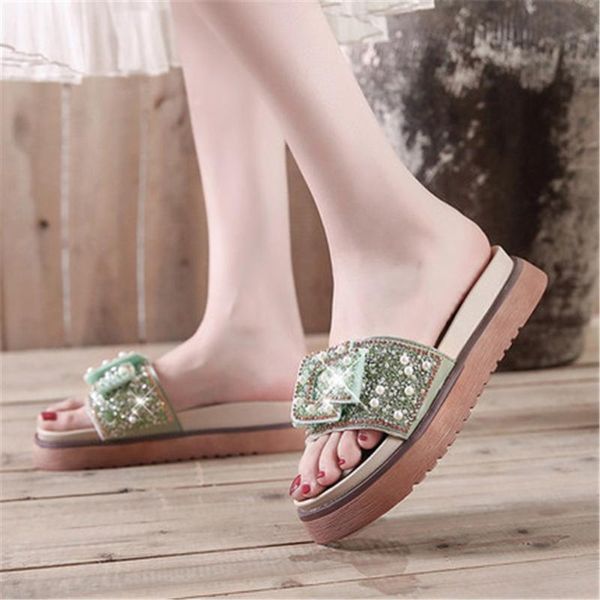 

slippers women's fashion summer 2021 versatile comfortable soft bottom pearl antiskid lazy flat beach slides black beige