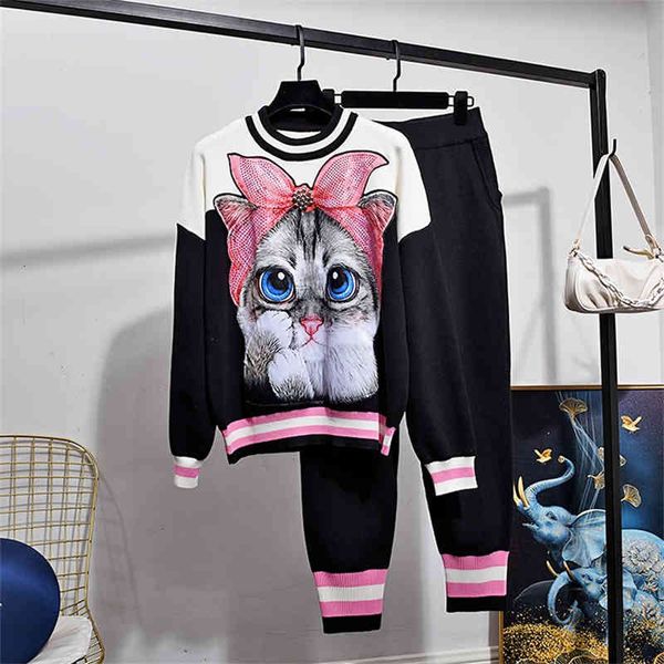 

women's tracksuits autumn female tracksuit knitted or crocheted cat cartoons long sleeve + casual pants 2 piece all clothes h677 wxkp, Gray