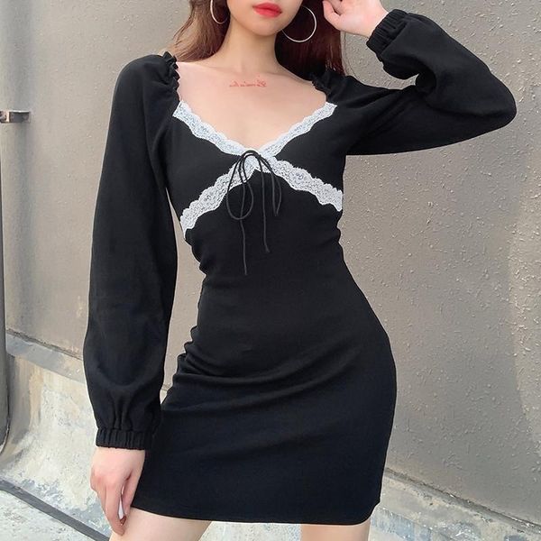 

casual dresses chronstyleÂ women lace tie-up patchwork long sleeve dress solid color black square neck ruffle spring autumn style, Black;gray