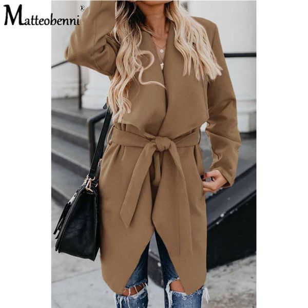 

2021 new fashion fall women winter solid color lapel slim-type midi trench casual simple with belt long sleeve coat 7fzy, Tan;black