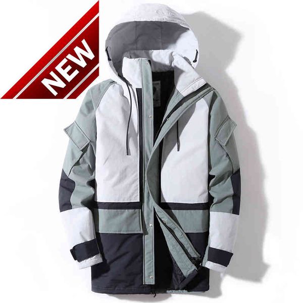 

winter long down jacket men 2021 coat hooded patchwork windproof outerwear white duck parkas, Black