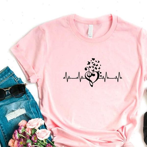 

women t shirt music heartbeat print tshirt women short sleeve o neck loose t shirt causal tee shirt clothes, White
