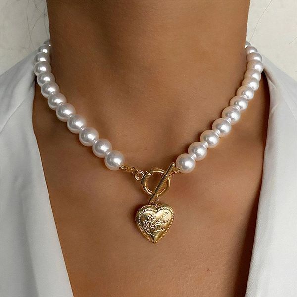 

chokers vintage wedding pearl choker necklace for women geometric heart coin lock pendant necklaces jewelry collier de perles, Golden;silver