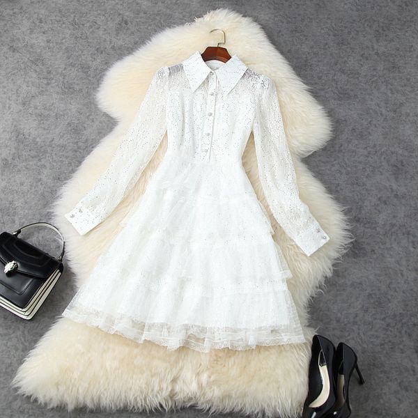 

2021 cute new thin party crocheted embroidered sewing ladies'lace casual female celebrity lady cake ribbon shine dress 8z4y, Black;gray