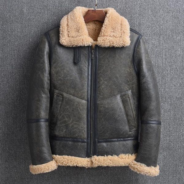 

men's leather & faux original ecological sheepskin fur overcoat man's short slim thick genuine jacket b3 flight clothing shearling, Black