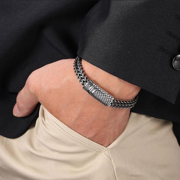 

link, chain vintage pattern 10mm stainless steel curb cuban link silver color bracelet for men punk rock jewelry male gift gl0047, Black