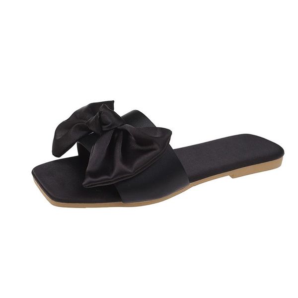 

slippers women's casual all-match solid color simple and fashionable open-toed outdoor flat bow decoration sweet beauty, Black