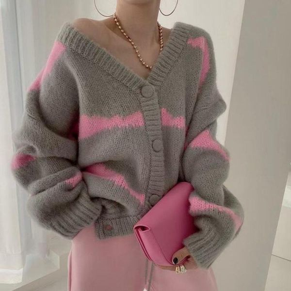 

women's knits & tees 2021 casual knitted cardigan female sweater autumn winter oversized loose lantern sleeve, White