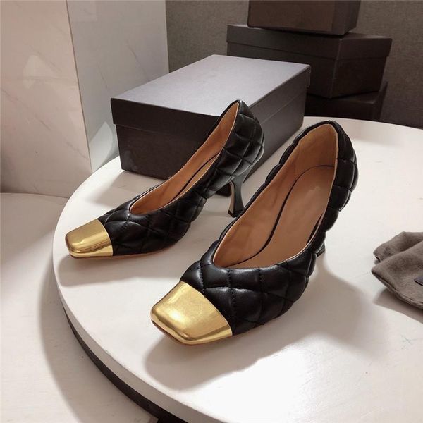 

dress shoes luxury gold metal square toe pumps women high heels genuine padded leather shallow ladies party club sandals, Black