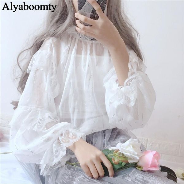 

women's blouses & shirts japanese lolita style spring autumn women blouse white pink shiny ruffles female blusa cute kawaii 2 pcs chiff