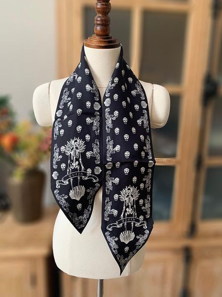 

scarves narrow long 100% silk ring scarf neckerchief skull prints ladies fashion head hair hat double-layer 115*12cm, Blue;gray