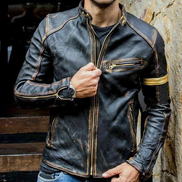 

men's motorcycle leather back neck coat, casual, retro, pu windproof et, clothing, autumn, 2021, Black;brown
