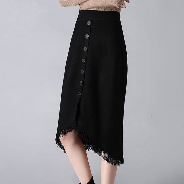 

autumn winter slot women's jagged thick skirt y140 buttons v264, Black