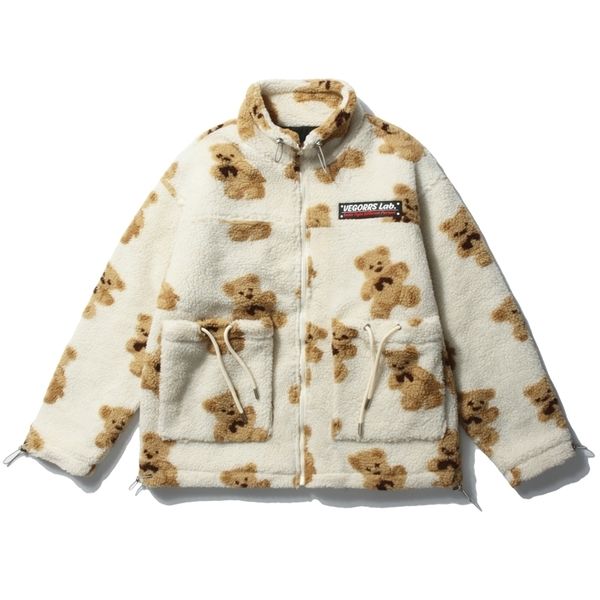 

hip hop parka jacket men streetwear retro vintage bear lambswool bomber jacket coats winter harajuku jacket warm outwear 210203, Black