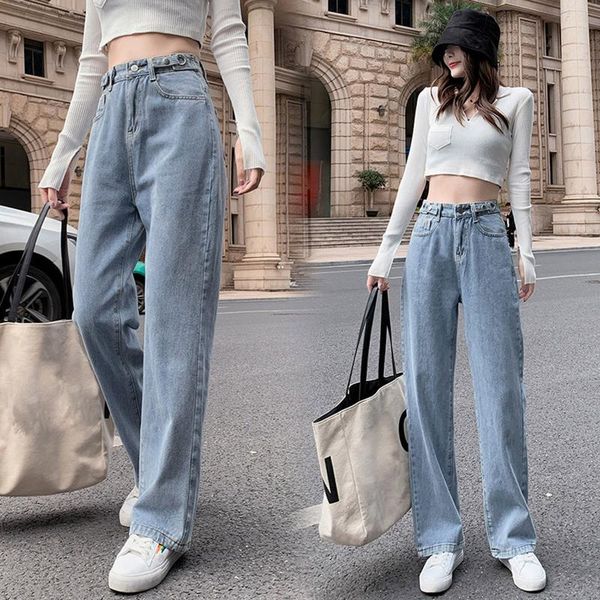 

women's leggings woman jeans high waist clothes wide leg denim clothing blue streetwear vintage quality 2021 fashion harajuku straight, Black