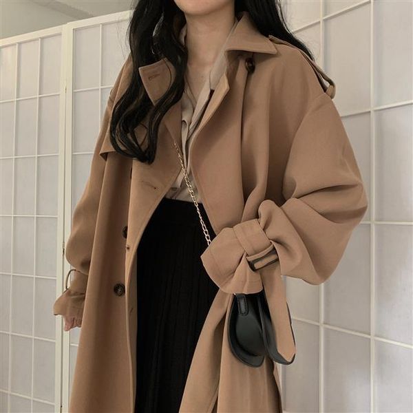 

women's trench coats women england style solid all-match cuff-sashes medium-long winter female bf ulzzang ladies casual streetwear chic, Tan;black