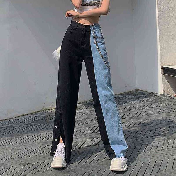

vintage jeans woman denim long pants autumn cowboy female loose streetwear high waist women trousers split clothes wide leg jean 211129, Blue