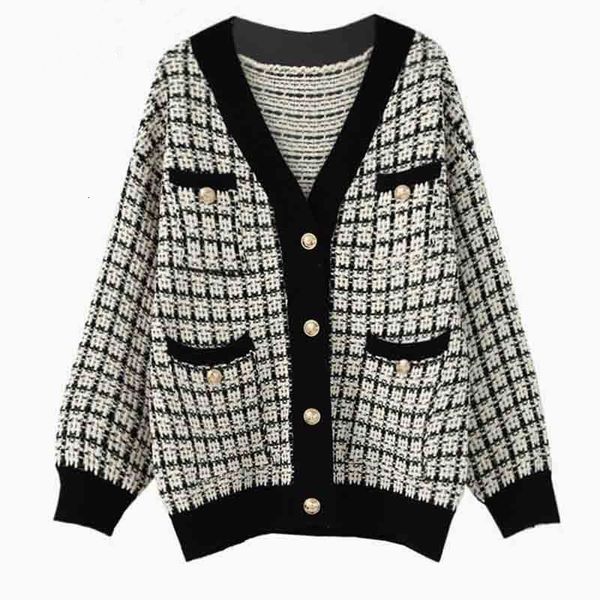 

loose cozy knitting cardigan autumn winter button cardigan coat woman vintage lattice sweater warm clothes 210218, White;black