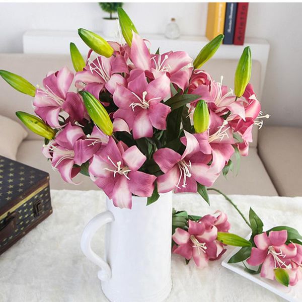 

6/12pcs lily flowers artificial real touch silk bride bouquet flower wedding decor rose wreath office home desk decor