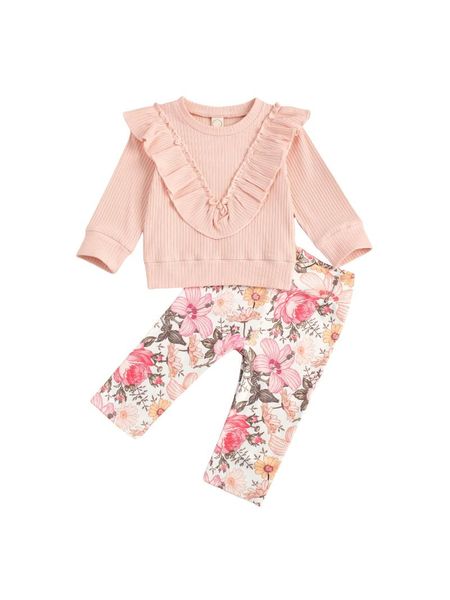 

clothing sets little girl's 2-piece clothes set, solid color lace long sleeve flower print pants, White