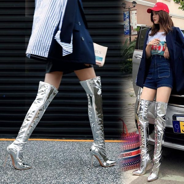 

side zipper boots silver women's boots large size pointed high heel, Black