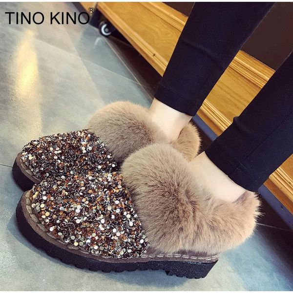 

boots women winter warm snow ladies shiny sequined cloth fur plush ankle female fashion flat non-slip casual glitter shoes, Black