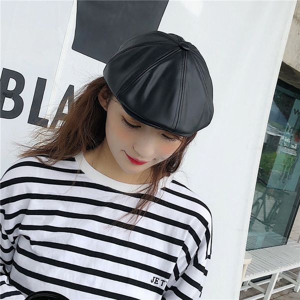 

girl autumn and winter leather octagonal bud hat fashion casual versatile beret british leather hat girl trend, Blue;gray