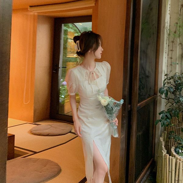 

luxury casual dresses improved cheongsam square neck dr's summer 2021 young split skirt, Black;gray