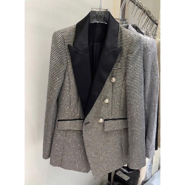 

women's suits & blazers high street est 2021 designer jacket slim fit lion buttons double breasted sequin tweed plaid blazer, White;black