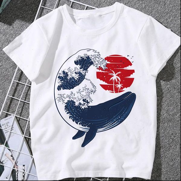 

womens t shirts whale waves print harajuku aesthetic t shirt japanese style fashion oversized female tshirt summer clothes, White
